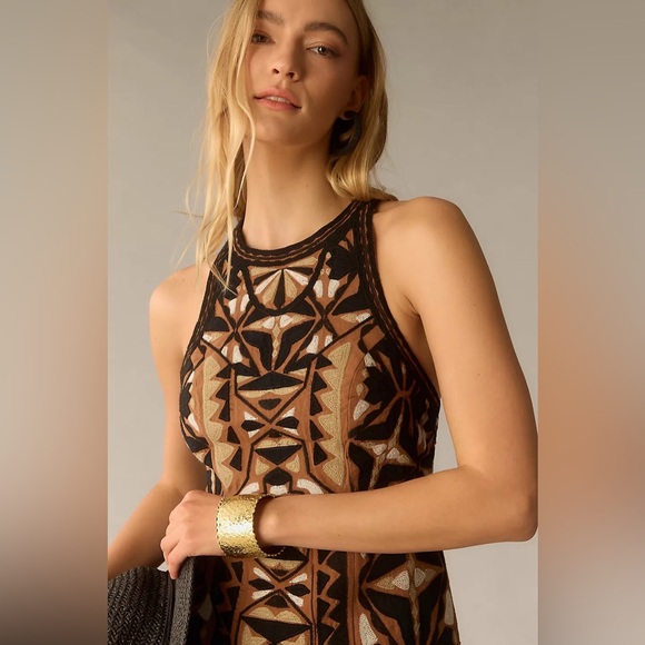 Anthropologie Geometric Brown Mini Dress Sz 16 (XL) - Picture 6 of 14